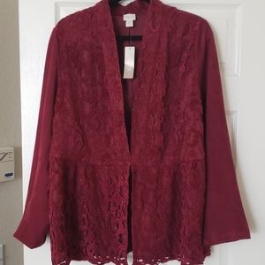 Chico's size 3 Berry faux suede anpeplum jacket.